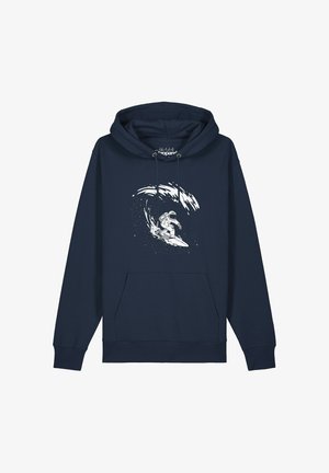 Marineblaue Kapuzenjacke mit Vordertasche, die eine weiße Grafik eines Astronauten zeigt, der auf einer Weltraumwelle mit Sternen drumherum surft.