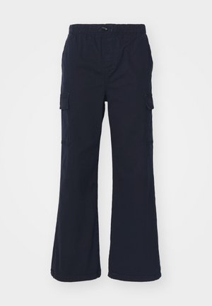 Navy blue cargo pants with an elastic waistband, two side pockets, and wide, flared legs; made of lightweight fabric with a smooth texture.