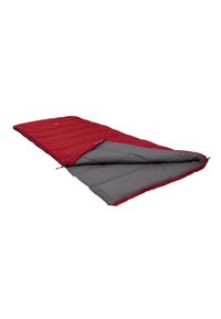 Rood en grijs slaapzak met een gewatteerd ontwerp. Beschikt over een zachte binnenvoering en een contrasterende rits aan de zijkant.