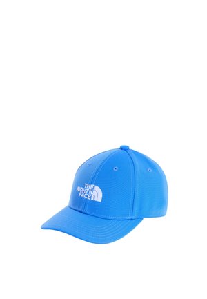Lyseblå kasket med hvid "The North Face"-logo foran og syede ventilationsøjer på toppen.