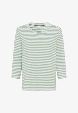 Lys grøn stribet skjorte med trekvartærmer. Fremstillet af blødt stof, med rund halsudskæring og en let tekstur i striberne.