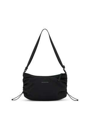 Black nylon shoulder bag with adjustable strap, gathered sides, zipper closure, and logo detail. Smooth texture and minimal design.