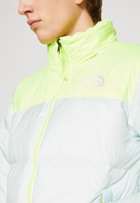 Jasnoniebieska i neonowo-zielona kurtka ocieplana z wysokim kołnierzem, z zamkiem błyskawicznym i haftowanym logo na piersi. Miękka, błyszcząca faktura.