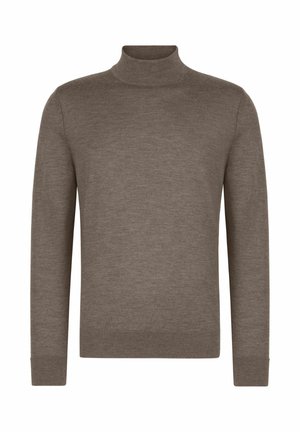 Brun rullekravesweater lavet af blødt stof, med lange ærmer og en tætsiddende design, samt ribbede manchetter og kant for ekstra tekstur.