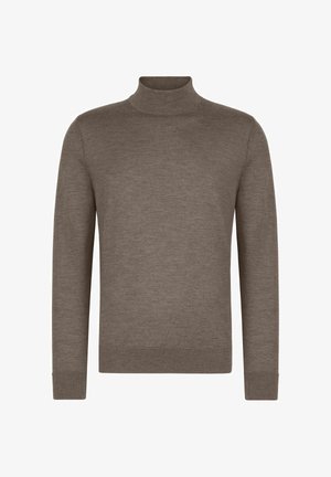 Brun rullekravesweater lavet af blødt stof, med lange ærmer og en tætsiddende design, samt ribbede manchetter og kant for ekstra tekstur.
