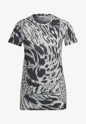 Korte mouwen sportshirt met zwart-witte abstracte dierenprint en een klein Adidas-logo op de borst.