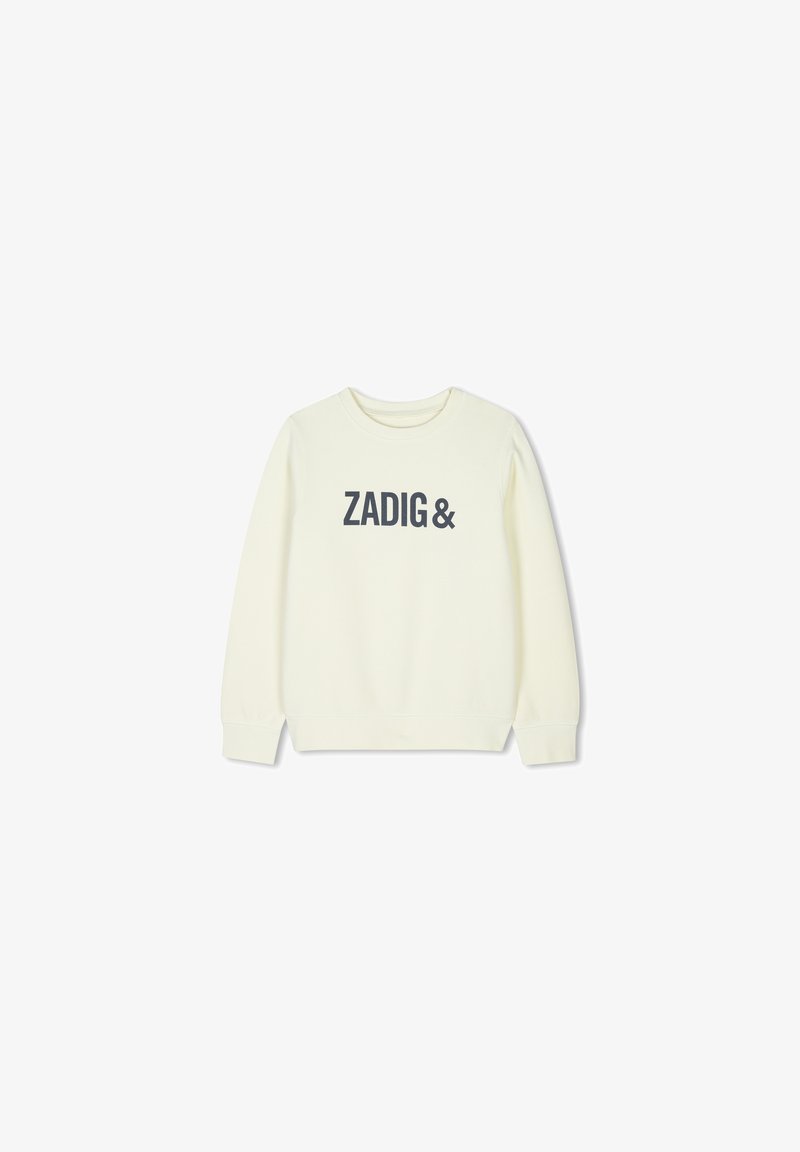 Sweat-shirt couleur crème en tissu doux, avec un col rond et des poignets côtelés. Présente un logo "ZADIG &" gris foncé sur le devant.