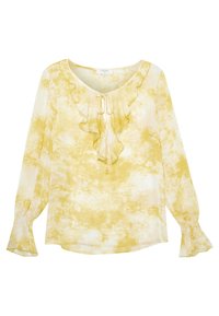 Gul batikblus med rynkig halsringning, långa ärmar med utsvängda manschetter och en mjuk, lätt textur.