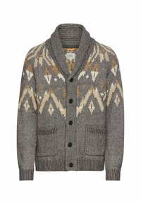 Grau gestrickte Strickjacke mit Schalkragen, die geometrische Muster in Creme und Gold zeigt, sechs schwarze Knöpfe und zwei Vordertaschen hat.