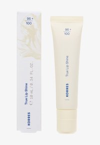 KORRES True Lip Shine tube and matching box, beige with blue text, 10 mL, labeled "95+ / 100" for color intensity.