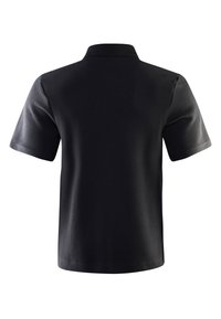 Černé polo triko s krátkými rukávy, texturovaná látka a klasický límec. Zadní pohled ukazuje hladký lem a jednoduchý design.