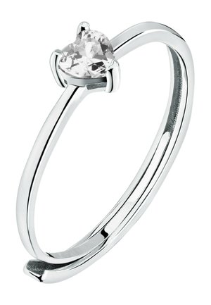 Silver ring with a heart-shaped clear gemstone set in a three-prong setting on a smooth, polished band.