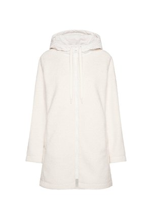 Weiße Fleecejacke mit Kapuze, Frontreißverschluss und Kordelzügen. Verfügt über lange Ärmel und einen weichen, strukturierten Stoff.