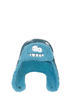 Blauwe fleece gevoerde muts met oorflappen, met een cartoon monster gezicht ontwerp. Het buitenmateriaal is glad, met speelse bedrukte accenten.
