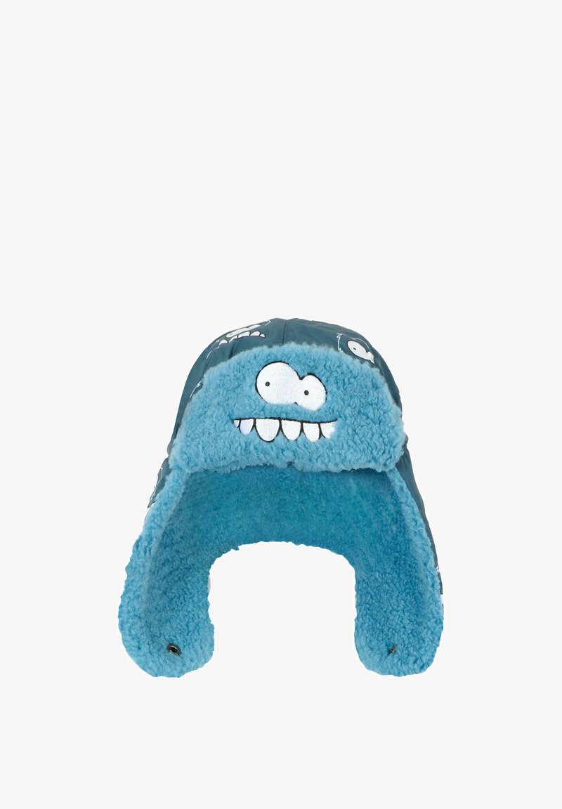 Cappello blu foderato in pile con orecchie, caratterizzato da un design con volto di mostro dei cartoni animati. Il materiale esterno è liscio, con accenti stampati fantasiosi.