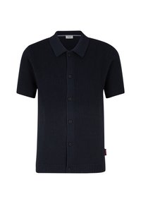 Dunkelmarineblaues Poloshirt mit kurzen Ärmeln aus strukturiertem Strickstoff. Es hat einen spitzen Kragen, eine Knopfleiste und gerippten Saum sowie Bündchen.