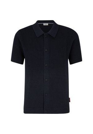 Dark navy short-sleeve polo shirt made of textured knit fabric. Features a pointed collar, button front, and ribbed hem and cuffs.