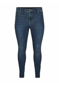 Dark blue denim skinny jeans with a high waist, five pockets, and subtle stitching details. Smooth texture and slim fit throughout.