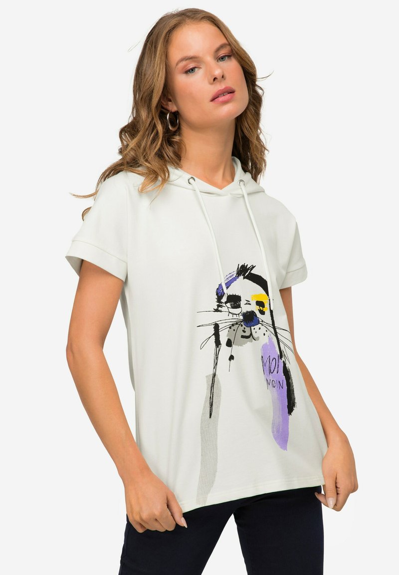 Witte hoodie met korte mouwen, voorzien van een kleurrijke kattenillustratie, met trekkoorden en een losse pasvorm. Zachte stof met een gladde textuur.