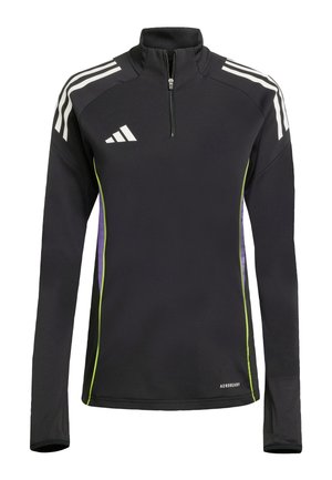 Black athletic pullover with a half-zip neck, white shoulder stripes, and green side accents. Made from moisture-wicking fabric.