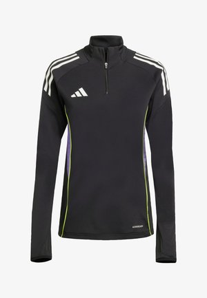 Black athletic pullover with a half-zip neck, white shoulder stripes, and green side accents. Made from moisture-wicking fabric.