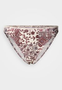 Μπικίνι κάτω μέρος σε κρεμ χρώμα με μπορντό και μπλε λουλουδάτα και γεωμετρικά μοτίβα, με ελαστική μέση και λεία υφή ύφασματος.