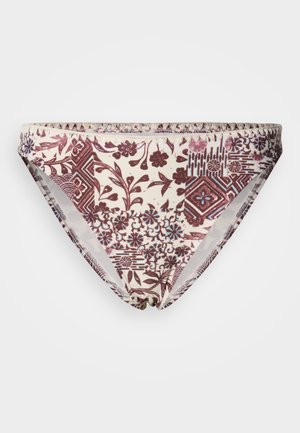 Μπικίνι κάτω μέρος σε κρεμ χρώμα με μπορντό και μπλε λουλουδάτα και γεωμετρικά μοτίβα, με ελαστική μέση και λεία υφή ύφασματος.