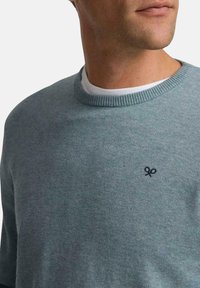 Suéter azul claro hecho de material suave, con cuello redondo, puños acanalados y un pequeño logotipo bordado en el pecho.