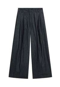 Kalhoty s širokými nohavicemi vyrobené z tmavého denimového materiálu s texturovaným povrchem, s předními sklady a klasickým designem pasu.