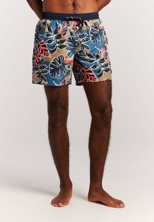 Heren zwemshorts met een kleurrijk tropisch patroon, met blauwe, zwarte, rode en beige tinten. Elastische tailleband met een trekkoorddetail.