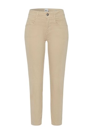 Pantaloni in misto cotone beige con vestibilità slim, cinque tasche, chiusura frontale con bottone e dettagli di cucitura sottili.