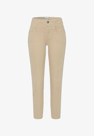 Beige cotton blend trousers with a slim fit, five pockets, front button closure, and subtle stitching details.