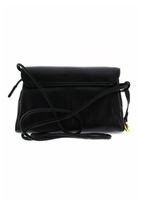 Bolso bandolera de cuero negro con solapa plegable, bolsillo exterior con cremallera, correa larga y detalles de hardware en tono dorado. La textura es suave.
