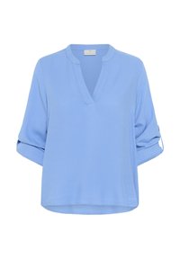 Blouse bleu clair à manches courtes avec un décolleté en V, en tissu texturé et avec des manches retroussées. Coupe décontractée et ample.