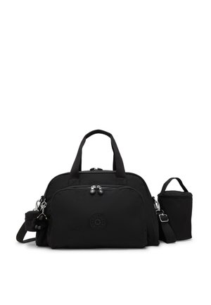 Borsa duffel nera con tasca frontale con zip, due manici, tracolla regolabile, piccola tasca laterale con portachiavi e portabottiglie isolato separato.