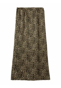 Jupe imprimée léopard avec une taille élastique. Tissu doux, avec un fond beige et des taches marron foncé. Design droit.
