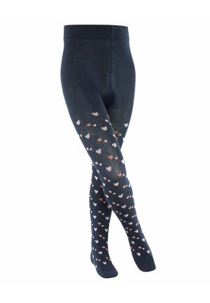 Marineblaue Strumpfhosen mit einem Muster aus kleinen Herzen in Pink und Weiß. Hergestellt aus einem weichen, dehnbaren Material mit einem bequemen Bund.