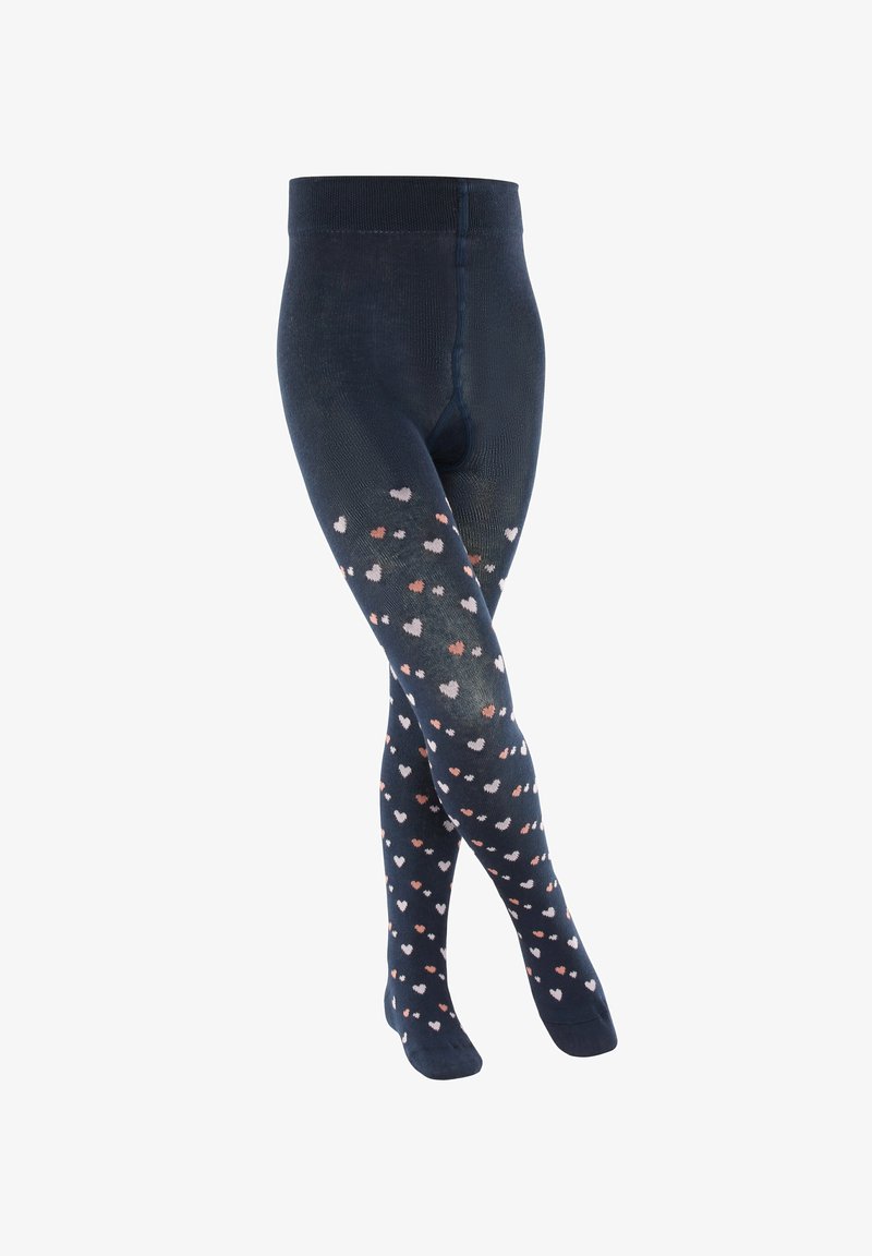 Collants bleu marine avec un motif de petits cœurs rose et blanc. Fabriqués dans un matériau doux et extensible, avec une taille confortable.