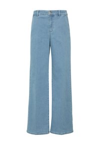 Světle modré široké džíny vyrobené z denimu, s vysokým pasem, předními kapsami a zipem s kovovým knoflíkem.
