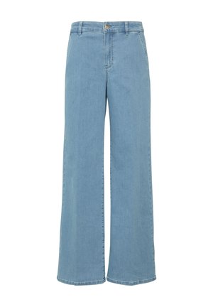 Helle blaue weit geschnittene Jeans aus Denim, mit hoher Taille, Fronttaschen und einem Reißverschluss mit Metallknopf-Verschluss.