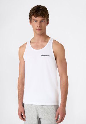Canottiera bianca in cotone con spalline larghe, con un piccolo logo nero "Champion" sul petto. Tessuto morbido e vestibilità comoda.