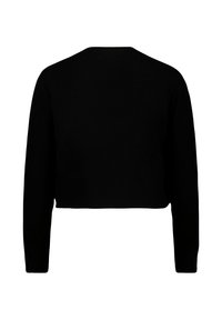 Pull noir court avec des manches longues. Dispose d'un col rond et d'une texture tricotée lisse. Pas de motifs visibles ni de détails en matériel.