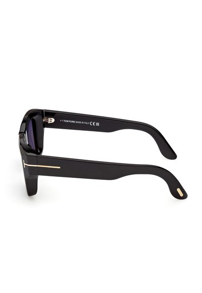 Ochelari de soare rectangulari negri cu rame groase, accente aurii pe temple și lentile întunecate. Construiți din plastic cu un finisaj neted.