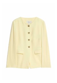 Yellow tailored jacket with a round neckline, five gold buttons, and side pockets; smooth texture and structured design.