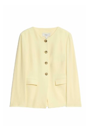 Yellow tailored jacket with a round neckline, five gold buttons, and side pockets; smooth texture and structured design.
