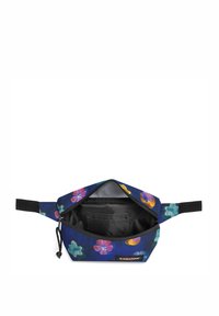 Pochette blu navy con motivo floreale, dotata di chiusura a zip, interno nero e una piccola tasca; presenta cinghie nere su entrambi i lati.