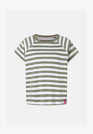 Kurzärmeliges T-Shirt mit grünen und weißen horizontalen Streifen, rundem Ausschnitt und kleinem pinkfarbenem rechteckigem Etikett am unteren Saum.