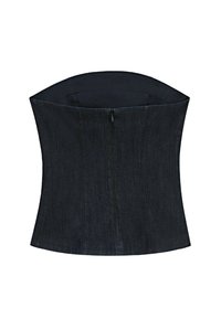 Džínový korzet v tmavě modré barvě. Disponuje strukturovaným, konturovaným designem s zipovým zapínáním na zadní straně a hladkým povrchem.