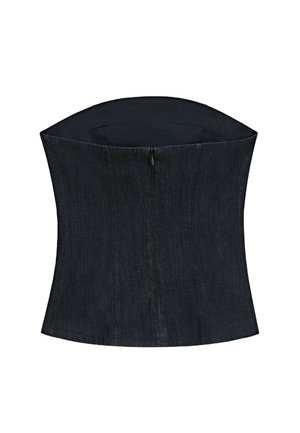 Top corsetto in denim di colore blu scuro. Presenta un design strutturato e sagomato con una chiusura a zip sul retro e una texture liscia.