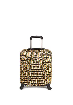 Twarda walizka z geometrycznym wzorem diamentów w kolorach pomarańczowym, żółtym i czarnym. Posiada wysuwaną rączkę i cztery kółka.